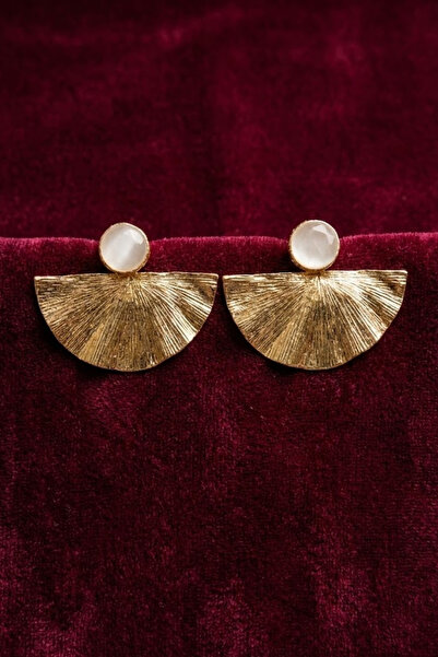 RADESA Altın Kaplama Bronz Doğal Taşlı Dokulu Yelpaze Küpe