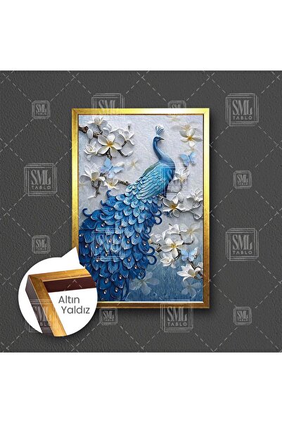 SML TABLO Beyaz Çiçekler ve Zarif Mavi Tavus Kuşu Lüks Dekor Çerçeveli Dikey ...