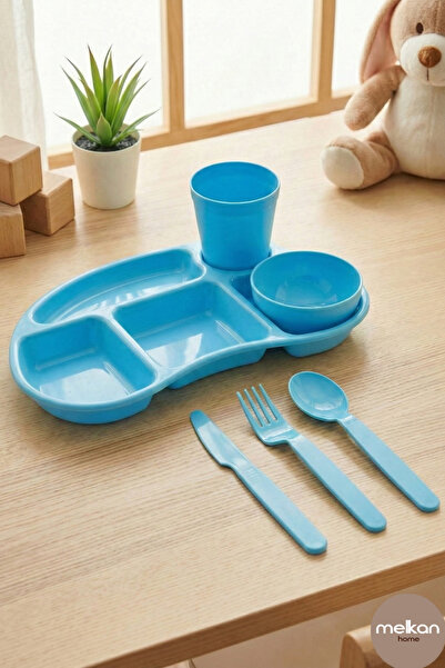 Melkan Home 5 Bölmeli 6 Parça Kahvaltılık Tabildot Kase Bardak Çatal Bıçak Ka...