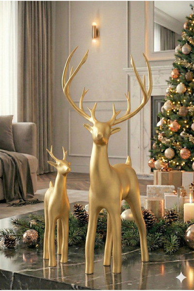 incidesign ikili Dekoratif Geyik Figür Biblo Obje Altın Gold Renk Yılbaşı Gey...
