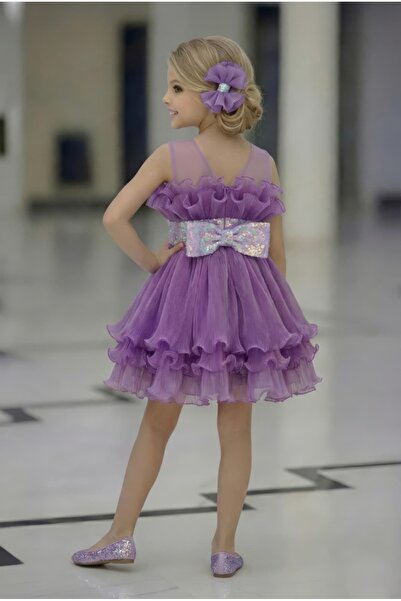 By Feyza Kids Collection By Feyza Kız Çocuk Lila Kısa Payetli Abiye Toka Dahil Kat Kat Elbise 3-12 Yaş