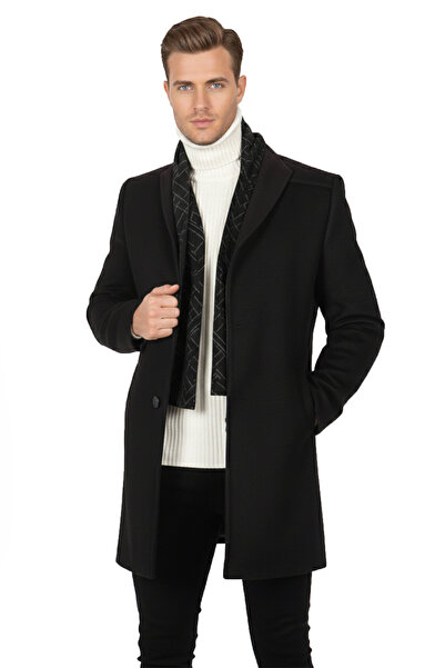 DeepSEA معطف رجالي أسود بقصة إيطالية D ياقة مرتفعة متوسطة الطول معطف كاشي بياقة شال قابلة للفصل 2407005