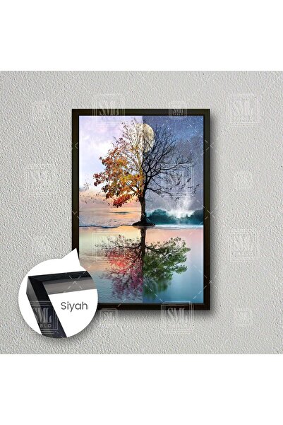 SML TABLO Sahildeki Ağaç 4 Mevsim İlk Bahar Yaz Sonbahar Kış Çerçeveli Dikey ...