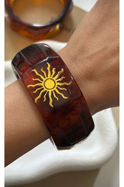 FİRST JEWELRY Kahve Kemik Güneş Detaylı Kehribar Kadın Bilezik Kelepçe