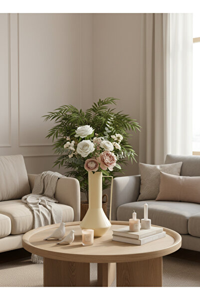 Living مزهرية فولاذية مزخرفة، لون بيج لامع، 34.5 سم