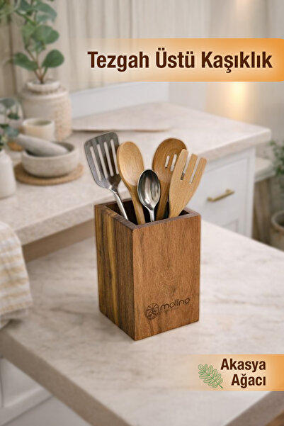 naturelove Akasya Ahşap Tezgah Üstü Kaşıklık – Dekoratif Çok Amaçlı Kevgir ve...