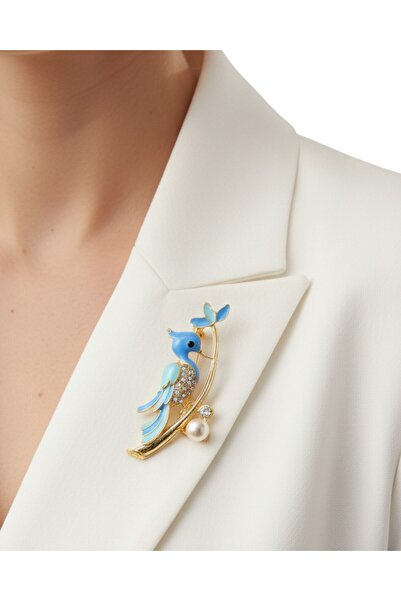 MODAMİRA AKSESUAR Taş ve İnci Detaylı Zarif Kuş Broş - Mavi ve Su Yeşili