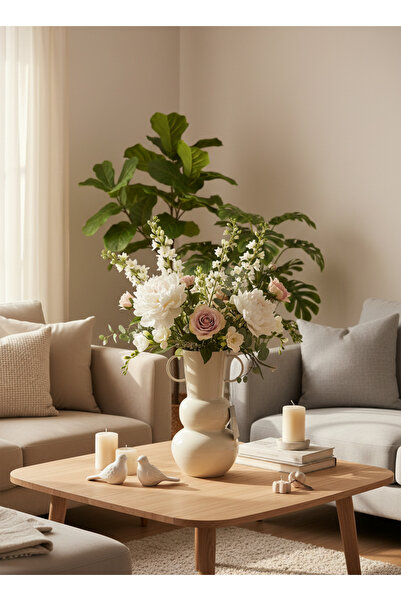 Living مزهرية فولاذية حديثة بمقابض، لون أبيض لامع، 30.5 سم