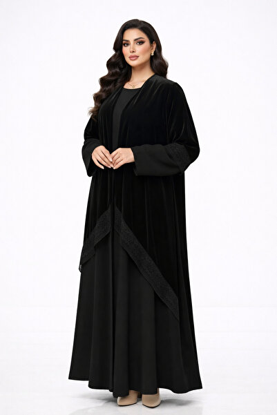 NN01 عباية بقماش المخمل مع الكريب مزينة بدانتيل