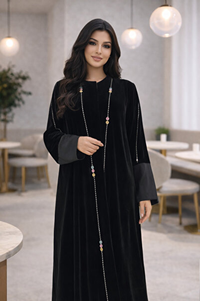 NNNN عباية بقماش المخمل مزينة بتطريز مع طرحة مزينة بتطريز