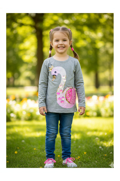 fancykidsantalya Kız Çocuk Gri Kuğu Desenli Pullu Sweatshirt – Yumuşak Mevsim...