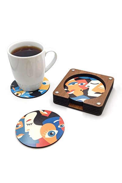 Artikel Modern Silhouette Faces Printed Wooden Coaster Set of 6, Office Acces...