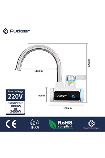 Choice سخان مياه كهربائي Fudeer موديل XH-16C-41-EU، يعمل بجهد 220 فولت، صنبور...
