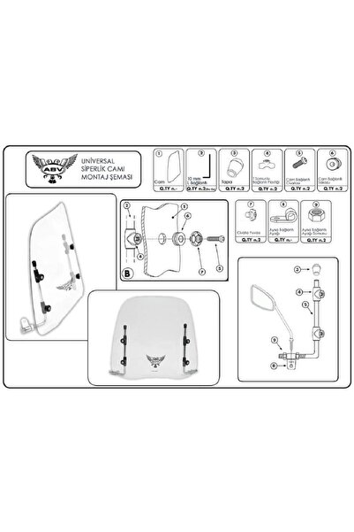 ABV Üniversal Motosiklet Ön Cam - Siperlik (60X50 CM) + Bağlantı Ekipmanları