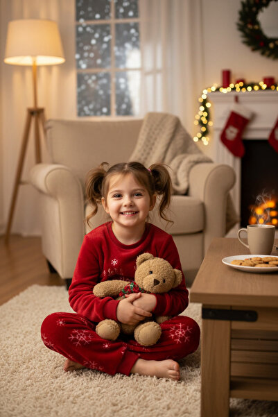 DOFİ طقم بيجامة شتوية للأطفال البنات باللون الأحمر فائق النعومة بطابع عيد الميلاد