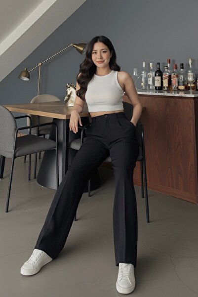 meyou bags Kadın Siyah Yüksek Bel Likralı Palazzo Pantolon Orjinal Kesim