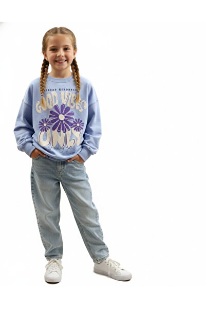 Çikoby Kız Çocuk Lila Baskılı Crop Sweatshirt – %100 Pamuk, Rahat ve Modern T...