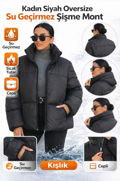 ÖNDER MODA Palton negru supradimensionat pentru femei, impermeabil, căptușit, cu fermoar, umplut, cu buzunare