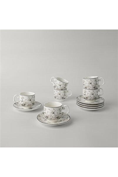 Linens Milio Porselen 6'lı 90 ml Kahve Fincan Takımı Siyah Beyaz Gold Detaylı