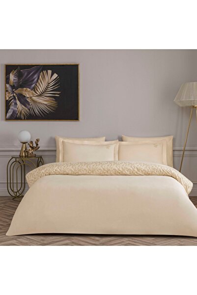 Linens طقم غطاء لحاف مزدوج من القطن المطرز الفاخر من زينديا باللون البيج