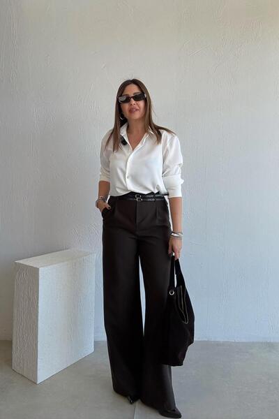 ELVAN TOLON Pantaloni maro din stofă cu picioare largi