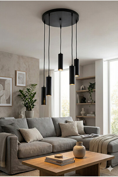 avizade Zenya 5'li Siyah Modern Silindir Spot Sarkıt Avize - Dekoratif Salon Mutfak Aydınlatma