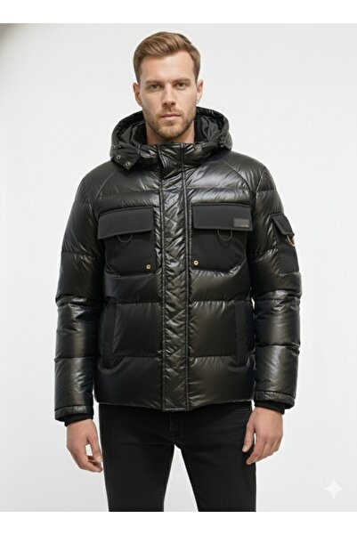 DYNAMO Erkek Siyah Çıkarılabilir Kapüşonlu Parlak Şişme Spor Mont