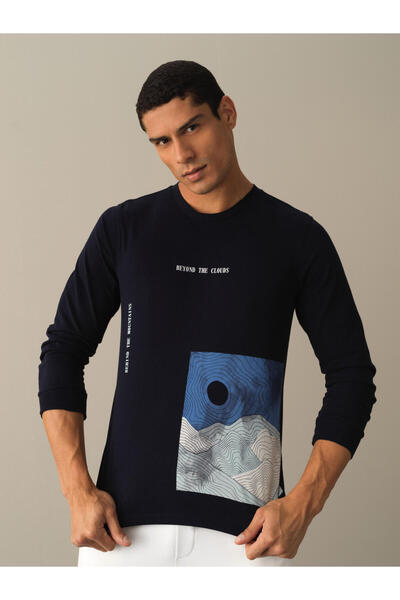 Xint Erkek Lacivert Pamuk Dokulu Baskılı Tişört