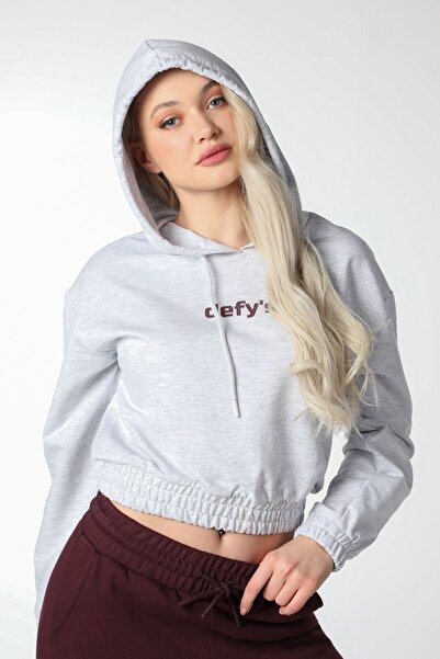 defys Hanorac pentru femei Grey Melange cu imprimeu cu glugă Crop Swea tricou...