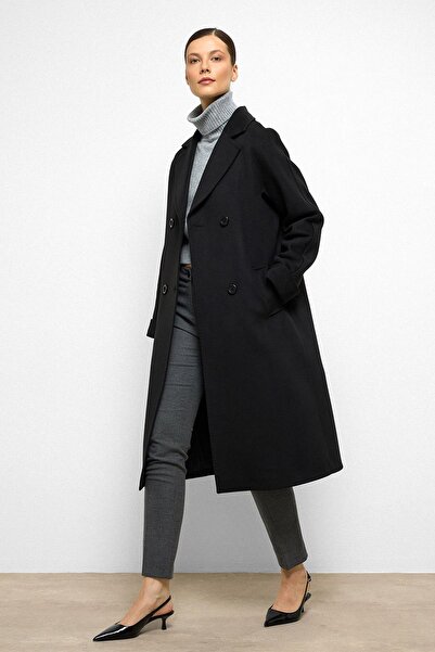 Olcay Yarasa Kol Punto Dikiş Detaylı Kaşmir Kaban SİYAH 3101