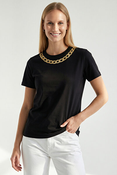 Exquise Gold Işleme Bisiklet Yaka Regular Pamuklu Örme Tişört