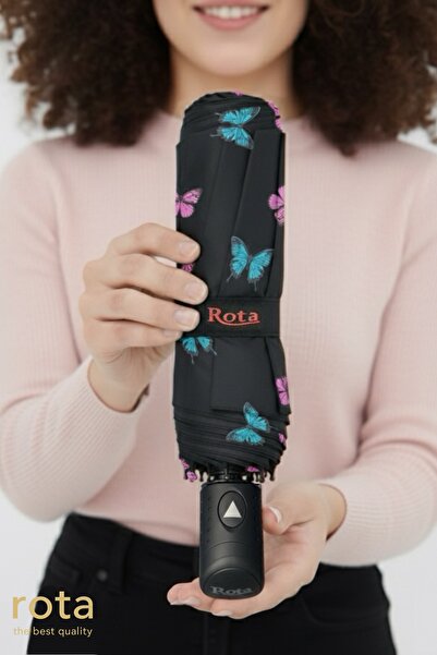 ROTA Rüzgara Dayanıklı 10 Telli Yarım Otomatik Fiber Telli Otomatik Açılır Şemsiye - 3030W -Kelebek Desen