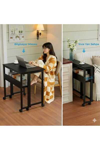 AYZ Kitaplık Raflı Katlanır Çalışma Masası, 70 cm Tekerli Laptp Masası, Kolay...