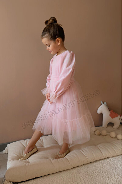 penu baby kids Pink Sparkly Fabric Ruffled Long Skirt Long Sleeve Girls' Dress Baby Girl Dress