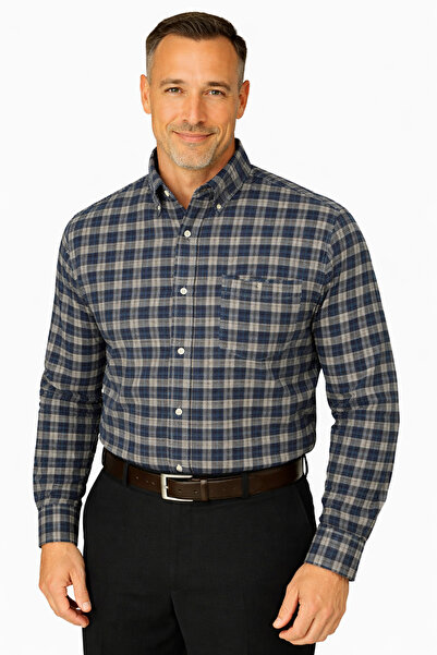 BURSPA Comfortable Cut Striped Checked Winter Men's Dad Shirt