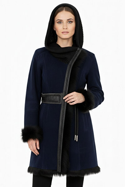 Deriderim Navy Blue Seline Knitwear Hooded Genuine Leather Fur Coat