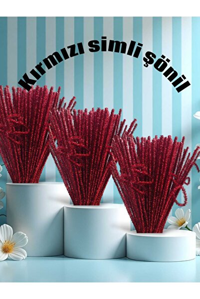 Mutkin Kırmızı Simli Renk Şönil Tel, El İşi, DIY, Hobi ve Çiçek Yapım Teli, , 1 Paket 100 Adet, - 30 Cm