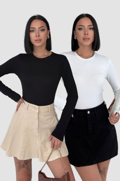 Lunamiratto Kadın 2'li Uzun Kol Body Beyaz,Siyah Bisiklet Yaka Body Pamuklu B...