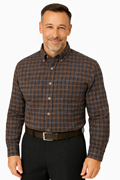 BURSPA Comfortable Cut Striped Checked Winter Men's Dad Shirt