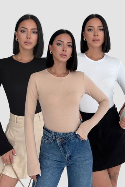 Lunamiratto Kadın 3'lü Uzun Kol Bisiklet Body Siyah Beyaz Bej Bisiklet Yaka B...