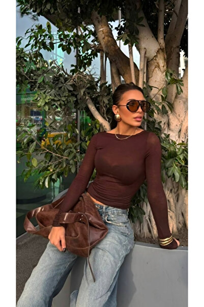 PINARKAYASTYLE Transparent Cashmere Textured Blouse Brown