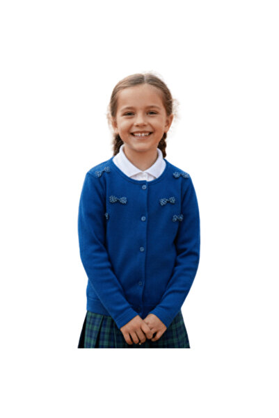Cuties Girl's Navy Blue Bow Ribbed Knit Cardigan – Cotton, Buttoned, School a...