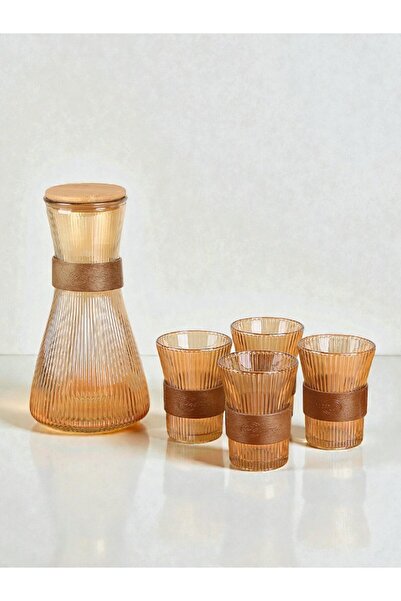 WDA طقم إبريق ماء زجاجي مع 4 أكواب - طقم أدوات شرب زجاجية مضلعة مكون من 5 قطع