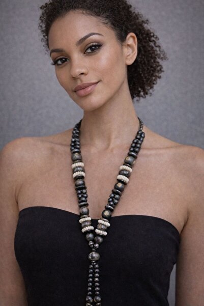 Gönülden Tasarım Siyah Beyaz Bambu Boncuklu Kadın Kolye 35 Cm