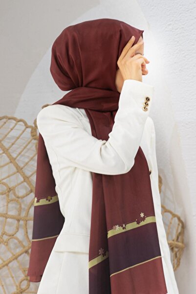 Vissona 100% Mătase Motiv Floral Culoare Bordeaux 92x210 Şal