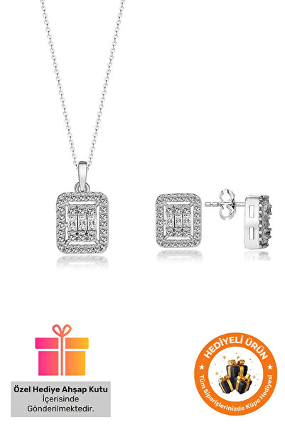 Lucente Jewellery Hediye Kutulu Baget Kolye & Küpe Seti 925 Ayar Gümüş Kaplama Yılbaşı Baget Taşlı İkili Set Takım