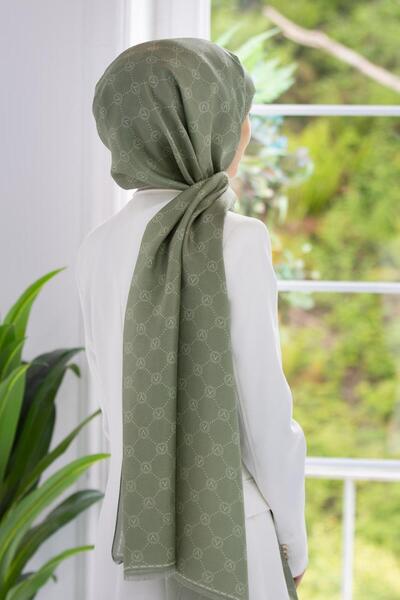 Vissona شال حرير 100% مطبوع عليه شعار V باللون الكاكي مقاس 90x210