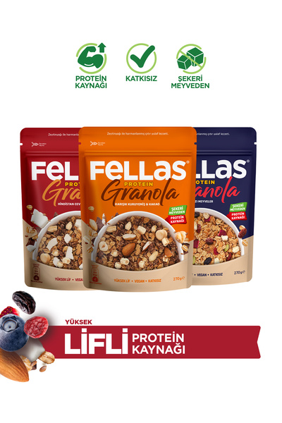Fellas Protein Granola (270 g) 3'lü Mix Paket - Hindistan Cevizi + Kırmızı Meyveler + Karışık Kuruyemişli