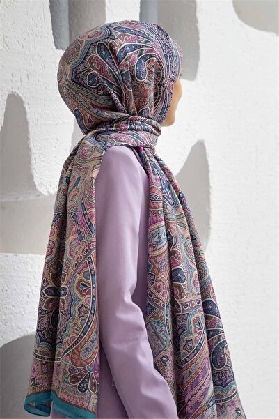 Vissona شال حرير 100% منقوش باللون النيلي - وردي مقاس 92x210