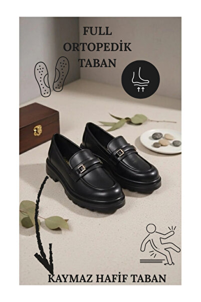 Slipcat Women's Thick Sole Orthopedic Comfort Sole Leather-Look Loafer – Black